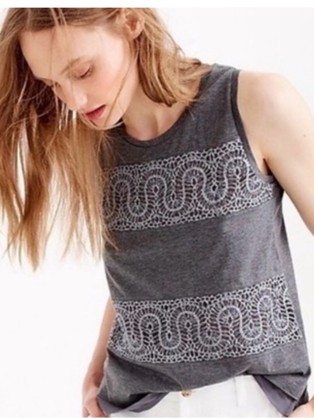 J.Crew Gray Lace Panel Sleeveless Shell Tank Top Large Embroidered